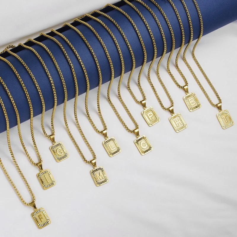 

New Square Stainless Steel Necklace with 26 capital letters pendant Gold Silver Color necklace Personalized Trendy Jewelry