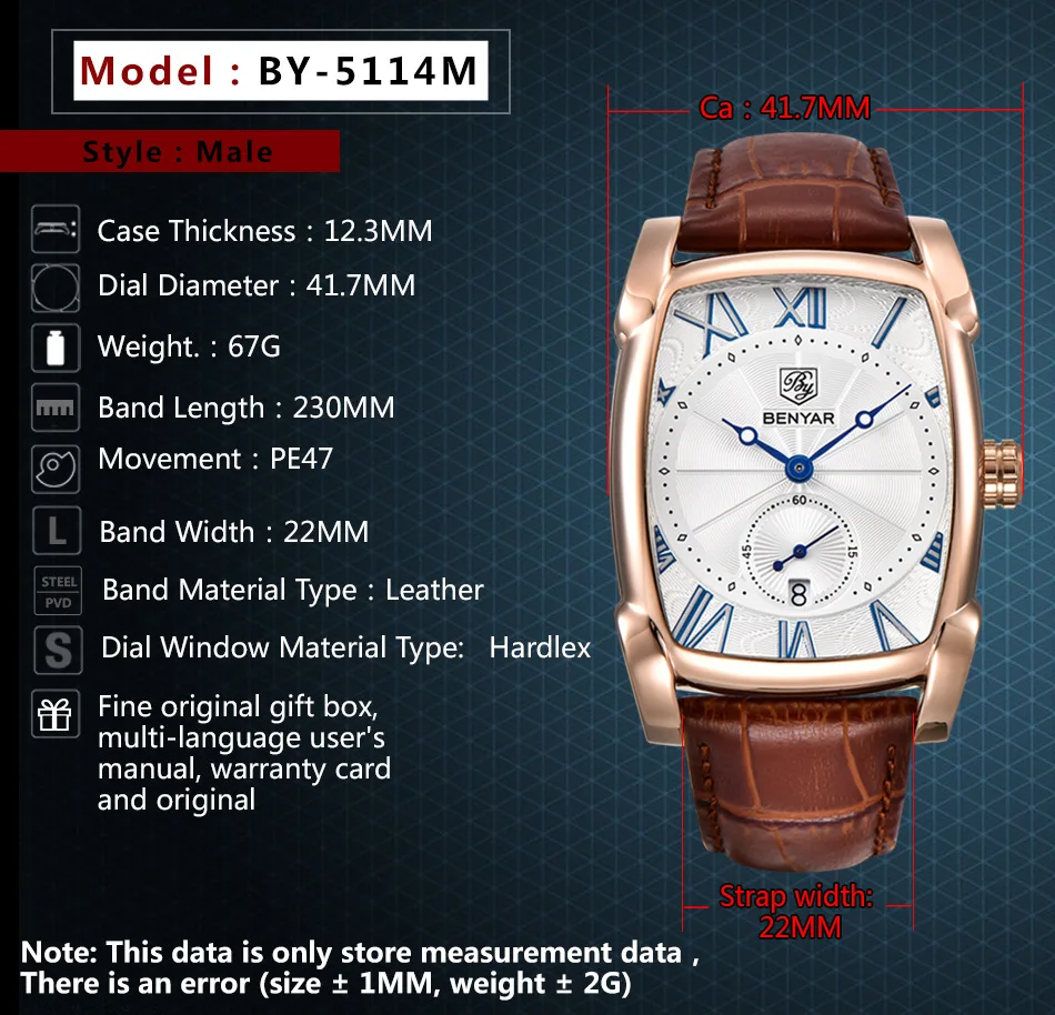 

Binya men's watch luxury square 18 K gold waterproof quartz watch casual men's watch leather strap chronograph day date watch