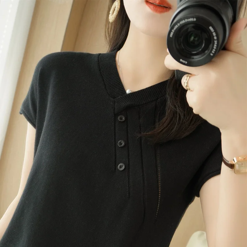 

Cotton short sleeve women's T-shirt 2021 spring and summer new all cotton knitted base shirt loose cotton hemp V-neck casual top