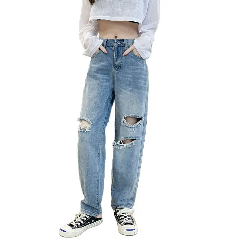 

Женские прямые джинсы с завышенной талией, прямые джинсы с отверстиями для весны и лета