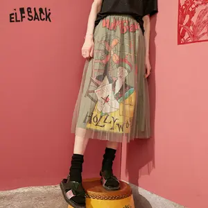 ELFSACK, зеленый, Оригинальный графический принт, контрастная сетка, женские длинные юбки, весна 2020, элегантные черные трапециевидные Женские повседневные плиссированные юбки