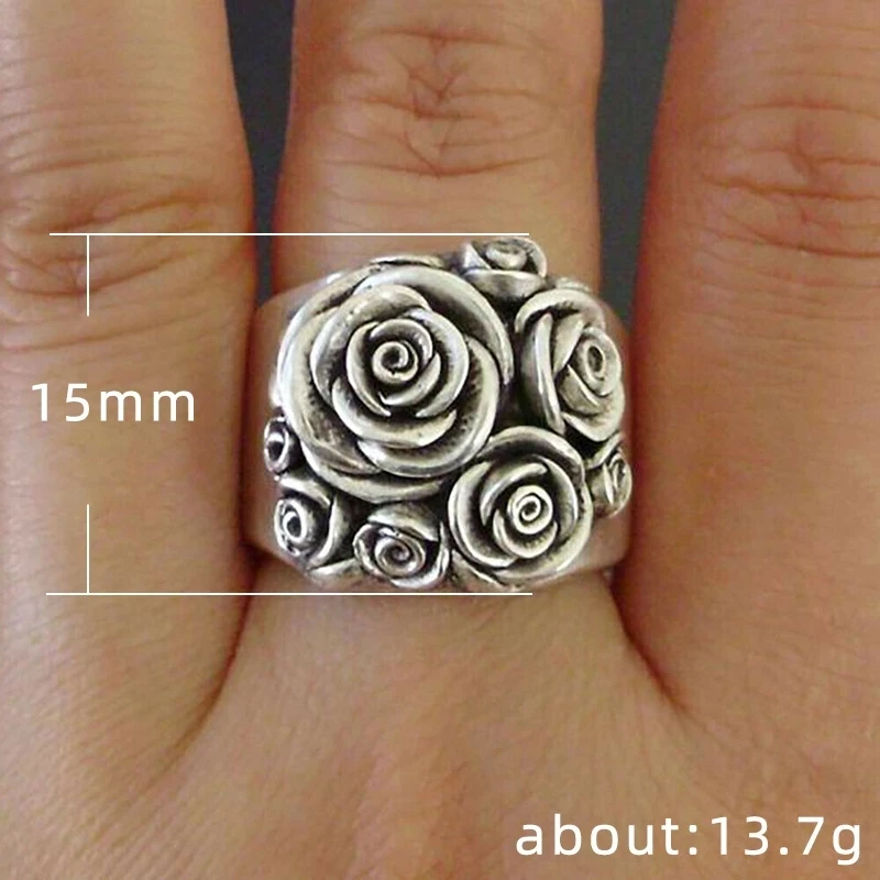 

Vintage Natural Style Silver Color Rose Flower Pattern Rings Fashion Temperament Women Ring Prom Party Jewelry