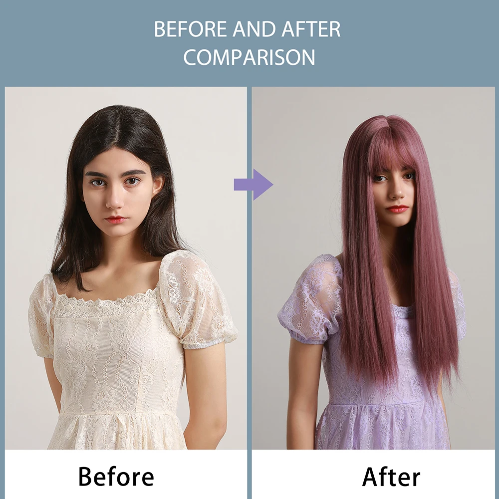 

HENRY MARGU Long Purple Pink Ombre Synthetic Wig With Bangs Straight Hair Wigs for Women Heat Resistant Cosplay Natural Wig