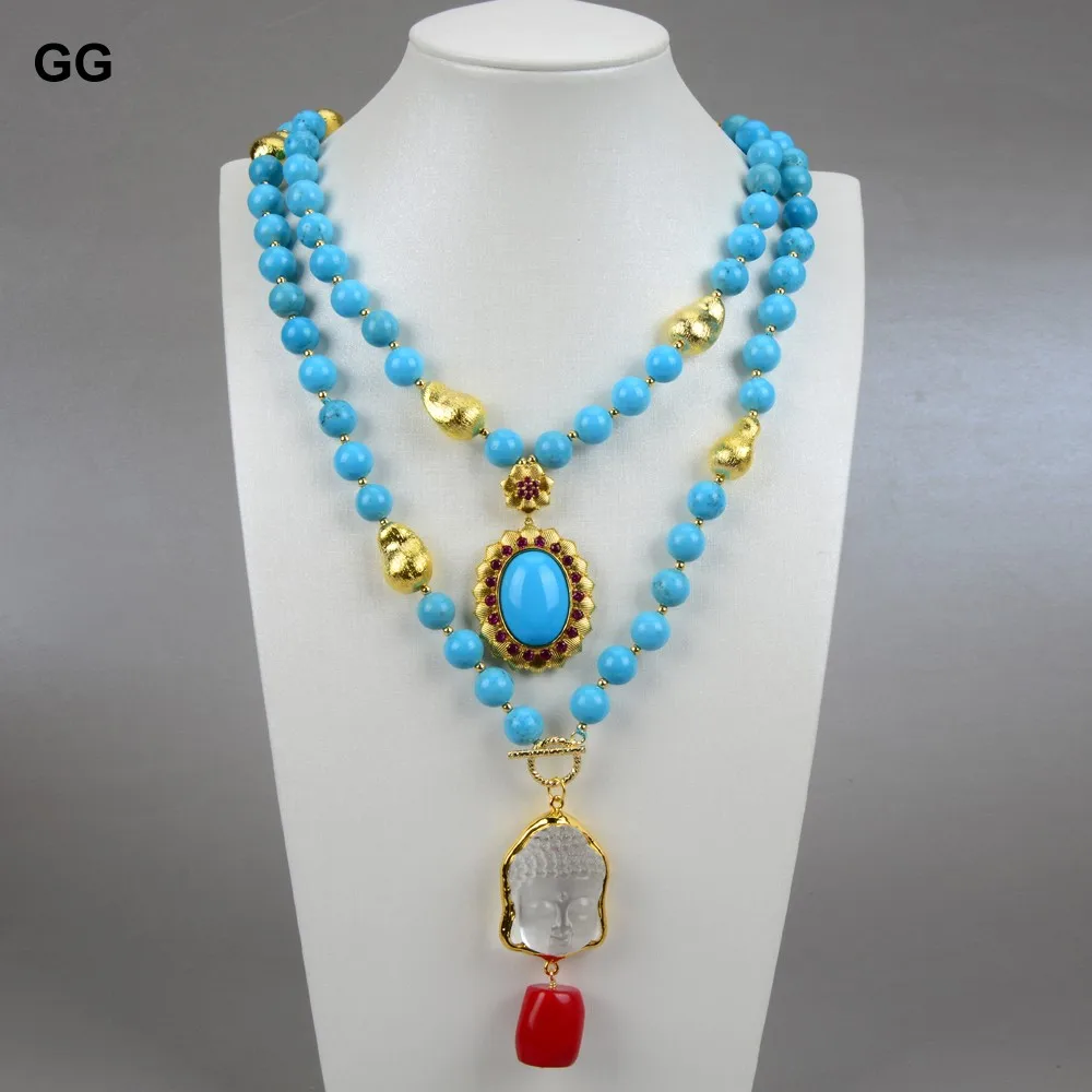 GG Schmuck 2 Reihen Blau Türkisen Verkrustete Halskette Keshi Perle Klar Quartzs Buddha Kopf Rote Koralle Anhänger Halskette 20 