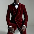 Мужской бархатный костюм-тройка, бордовый приталенный костюм с двубортным воротником, для свадьбы и выпускного, осень 2021
