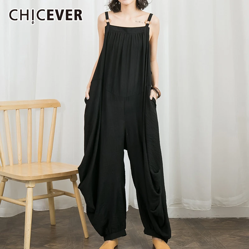 CHICEVER корейский черный Свободный комбинезон для женщин Высокая талия карман с