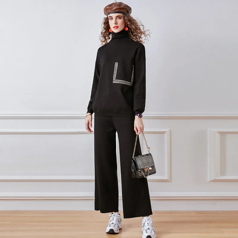 

Осенне-зимний Повседневный Спортивный костюм для женщин, комплект из двух предметов, водолазка со стразами, Свободный вязаный пуловер, свит...