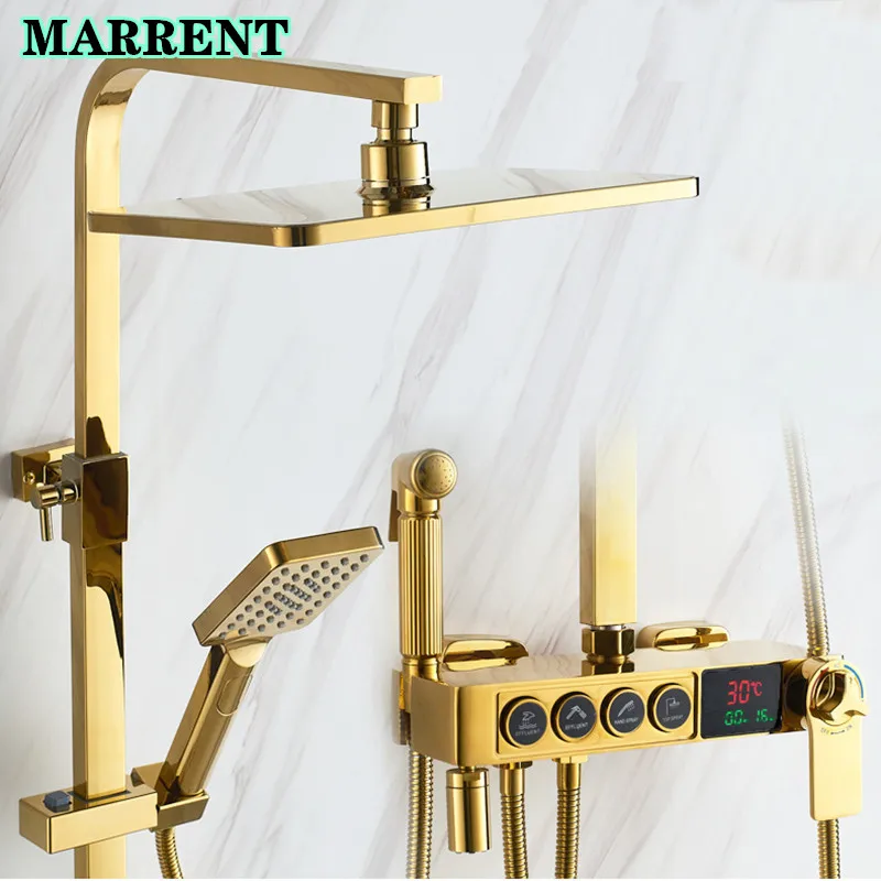 

Constant Temperature Gold Brass Bathroom Shower Set Digital LED Temperature Screen Bathroom Faucet Thermostatic Shower System
