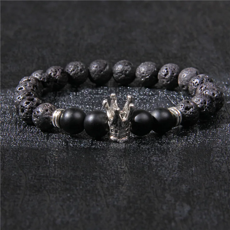 Fashion Men Bracelet Natural Black Lava Volcanic Stone &amp Hematite Beads Crown Charm Jewelry for Women Homme | Украшения и