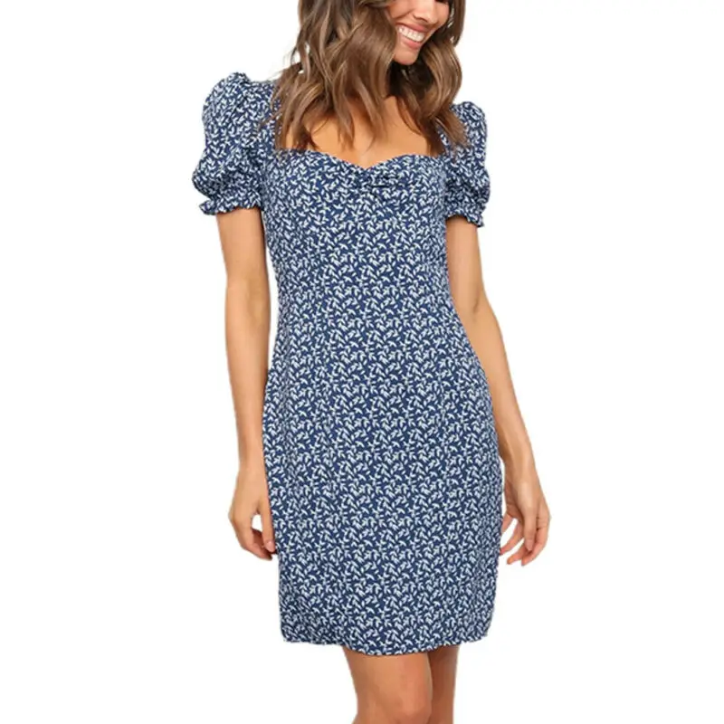 

Summer Party Dress Women Fashion Heart Neck Short Sleeve Floral Printed Mini Dress Casual A-Line Beach Casual Dresses