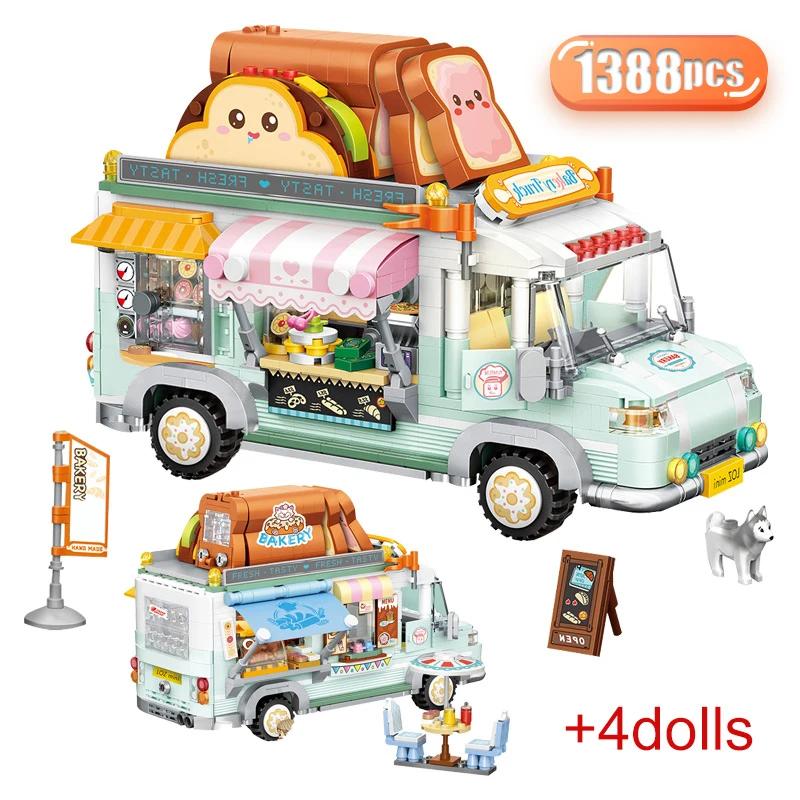 

1388 Pcs Mini City Street View Cake Truck Dining Car Building Blocks Friends Beverage Vehicle Figures Bricks Toys For Kids Gifts