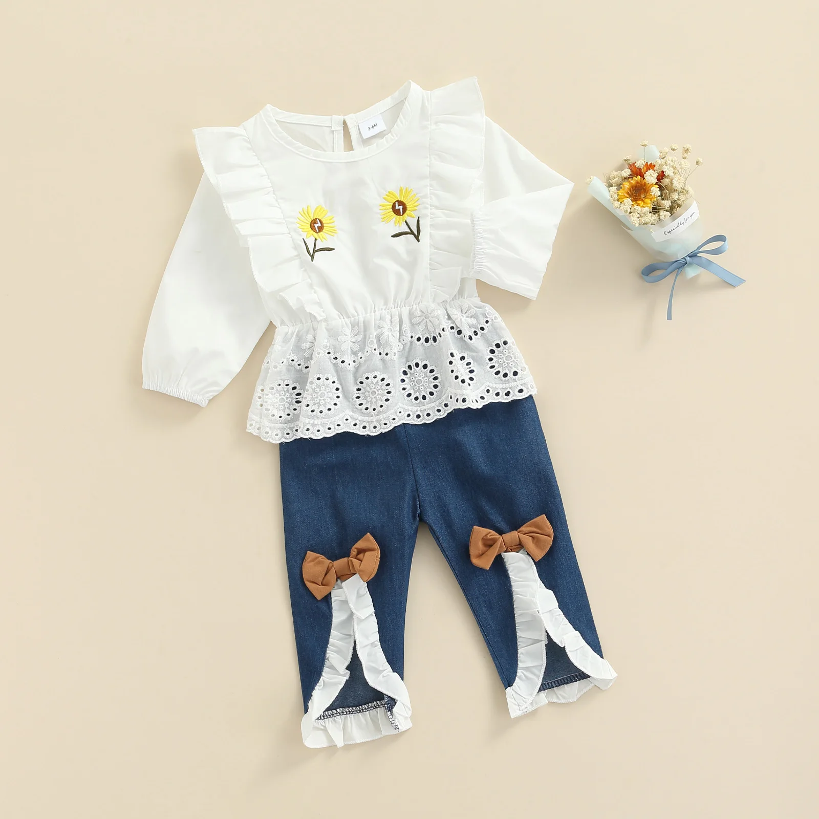 

Toddler Baby Girls Clothes Set Newborn Floral Print Flying Sleeve Tops and Elastic Bows Denim Trousers Girls Spring Autumn Sets