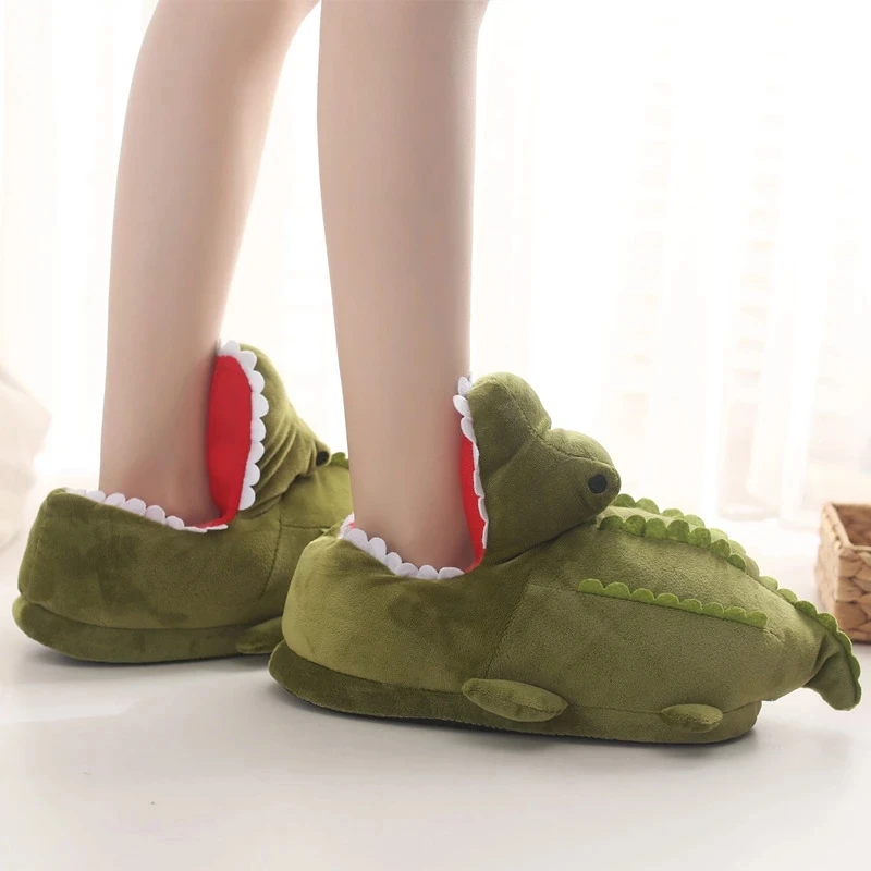 

House Furry Women Slippers Cute Cartoon Crocodile Design Green Bedroom Ladies Flat Shoes Indoor Warm Fur Women Slippers Onesize