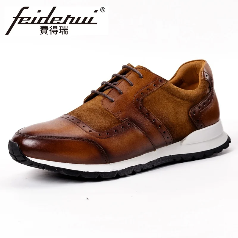 Мужские кроссовки с круглым носком KUD371 коричневые из натуральной коровьей замши