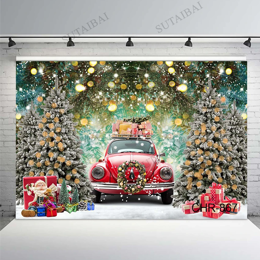 

Photography Background Winter Snowflake Christmas Tree Red Car Gift Lights Family Portrait Decoration Backdrops for Photo Studio