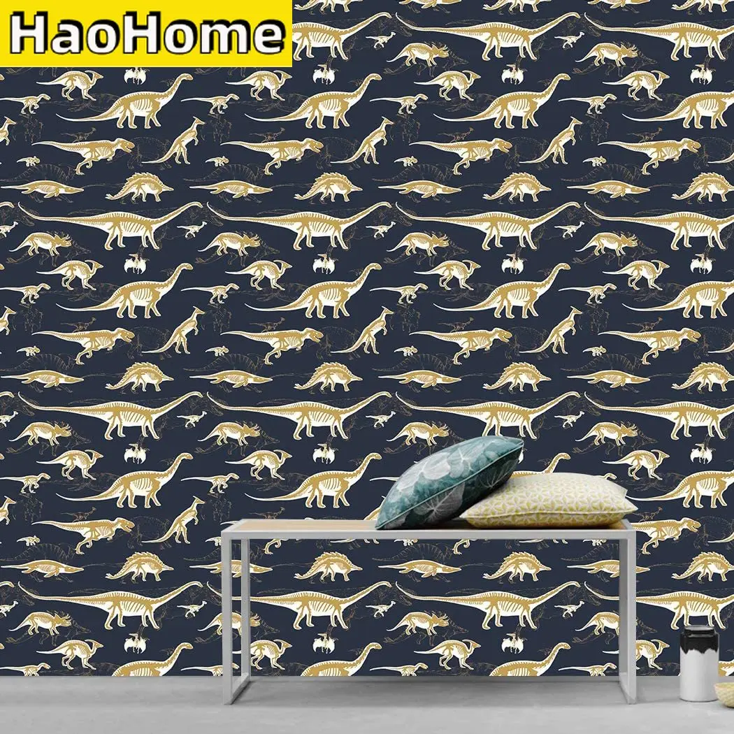 

Cartoons Vinyl Peel and Stick Wallpaper Gold Dinosaur Removable Self-Adhesive Wallpaper Shelf Paper for Children Room Decal