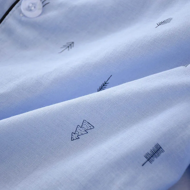 Spring And Summer New Men's Pajamas Set Solid Color Simple Style Sapling Printed Turn-down Collar Sleepwear Men Loose Homewar