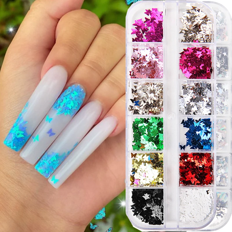 12 сетки Блеск Зеркало Бабочка ногтей блестки смешанные цвета 3D Радужный Звезда