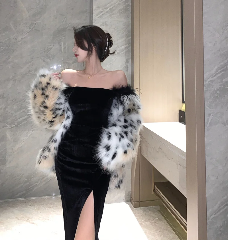 

Dresses for Women Party One Word Sexy Feather Velvet Irregular Bag Hip Slit Sling Dress Summer Dress Knee-length Black Dress