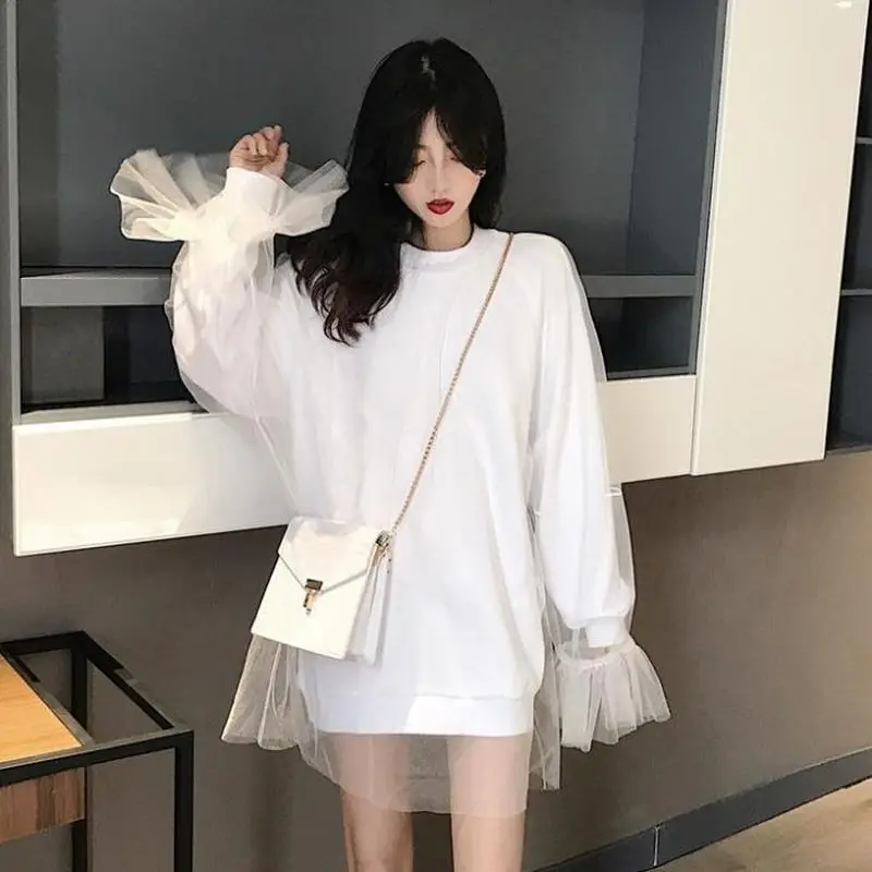 

Осенняя толстовка, женская модная Милая свободная футболка в стиле пэчворк, в студенческом стиле, с круглым вырезом и длинными рукавами, жен...