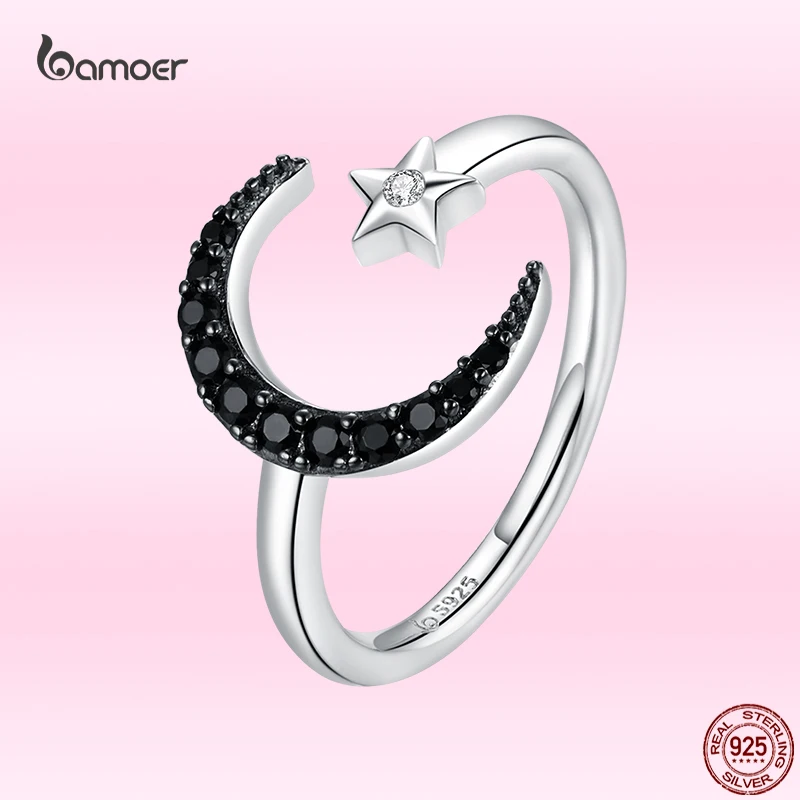

Bamoer классические винтажные кольца с черной луной для женщин, открытое регулируемое кольцо из стерлингового серебра 925 пробы на палец, модны...