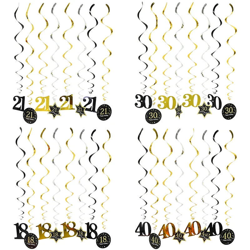 

8pcs foil Paper Spiral Happy Birthday Swirl Banner 18 21 30 40 50 60 Years Old Hanging Ornament Birthday Party Decorations Adult