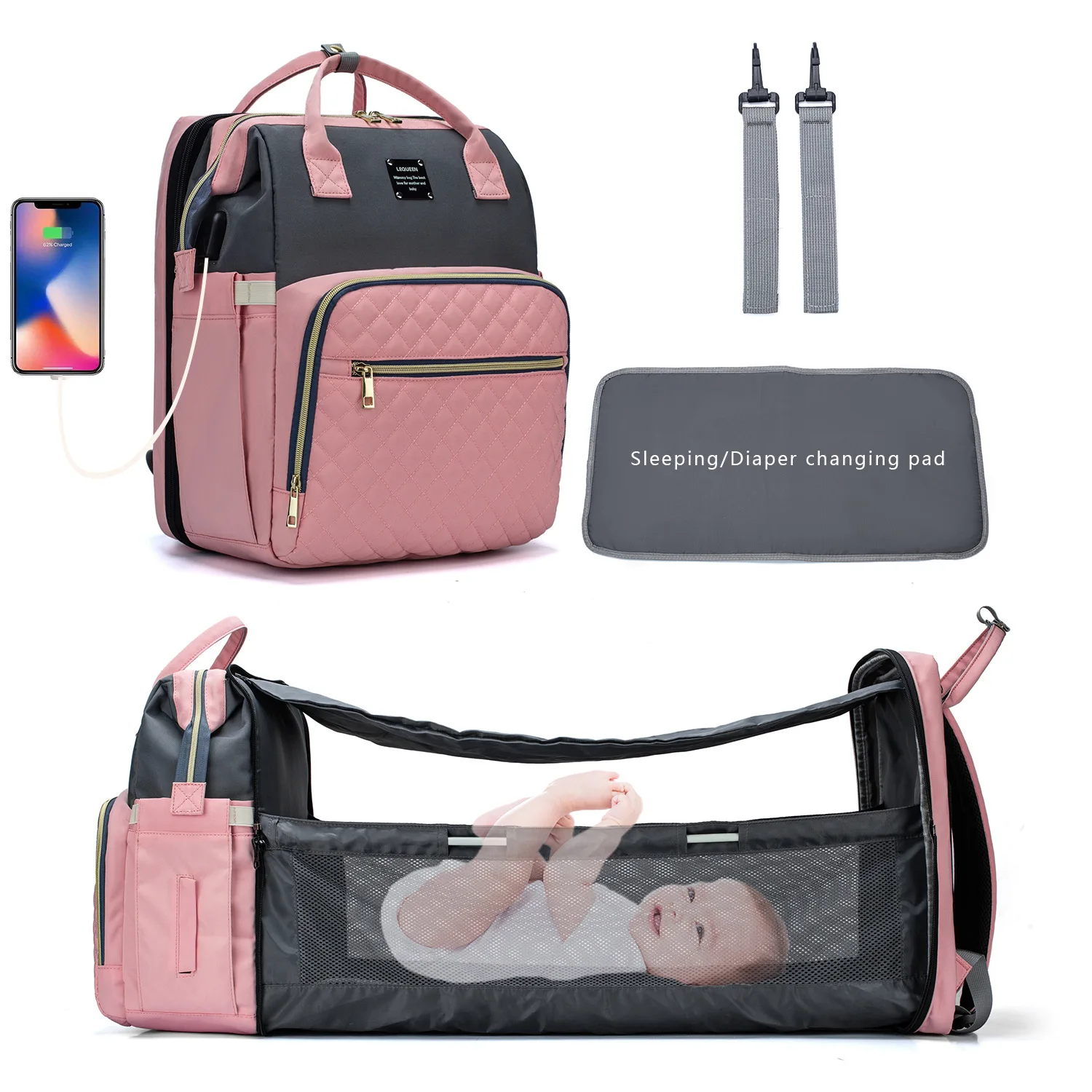 

3 In 1 Travel Bassinet Foldable Baby Bed, Portable Diaper Changing Station Mummy Bag Backpack, Multifunctional Backpack Wet Bag