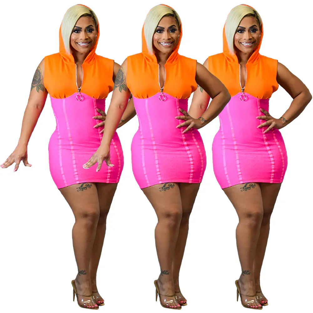 

European and American women's 2021 spring and summer zipper hooded sleeveless contrast color stitching dress women Boho clothing