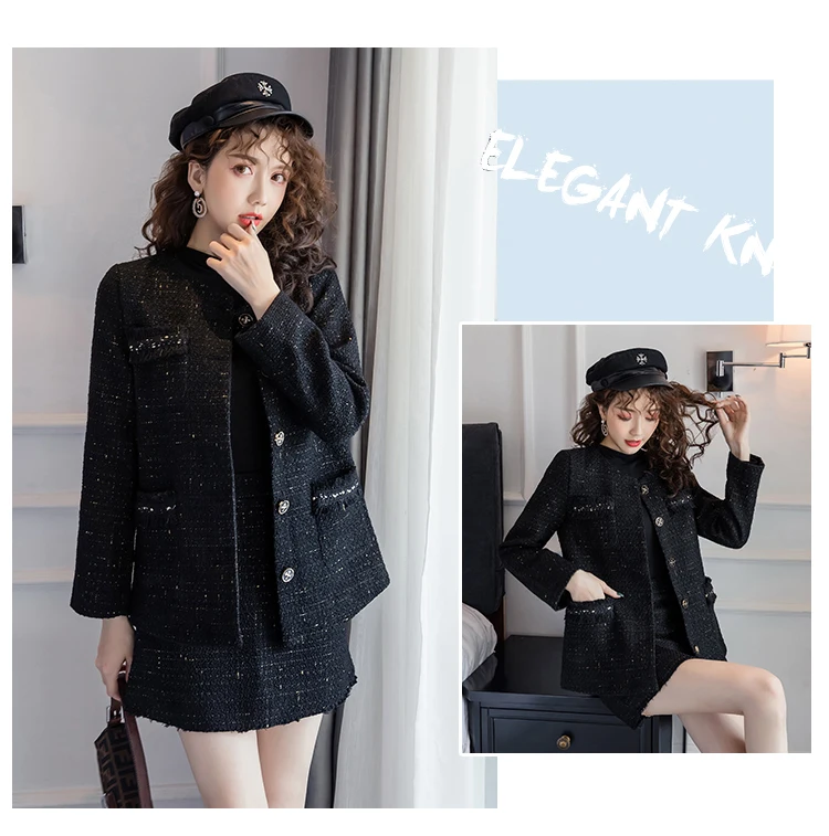 Black Tweed Blazer Skirt Two Piece Sets Autumn Winter New Ladies Tweed Jacket+ Skirt Coat Women Suits Clothes Wholesale