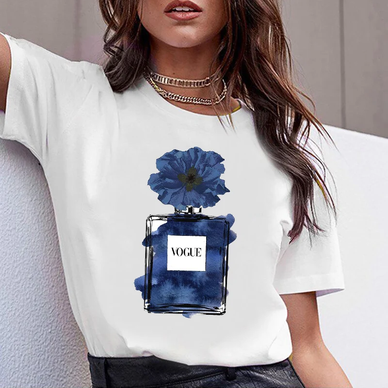 

Women Clothes Print Flower Perfume Bottle Sweet Short Sleeve Tshirt Printed Women Shirt T Female T-shirt Top Casual Woman Tee