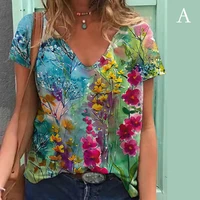 summer womens casual v neck flower printed street loose t shirt bohemian short sleeves multiple colors floral tees