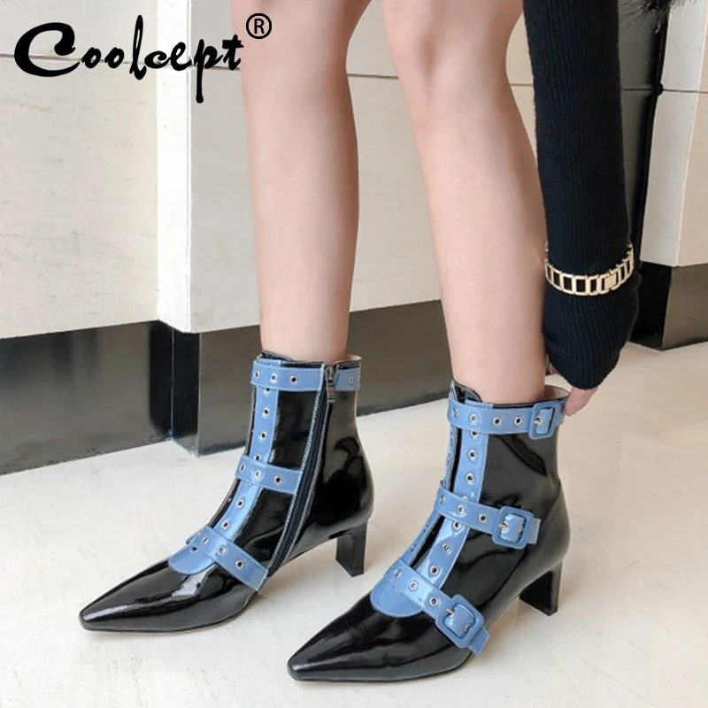

Coolcept High Quality Shoes Women Ankle Boots Pointed Toe Mixed Color Thick Heel Genuine Leather Rivet Punk Shoes Size 33-40