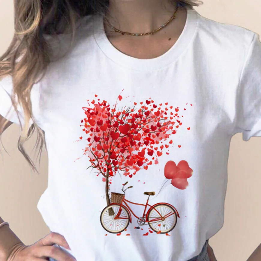 

Floral Flower Fashion Women T-Shirt Red Heart Print Cute Tops Female Clothes 2020 Harajuku Kawaii O-Neck Ladies White Tee Shirts