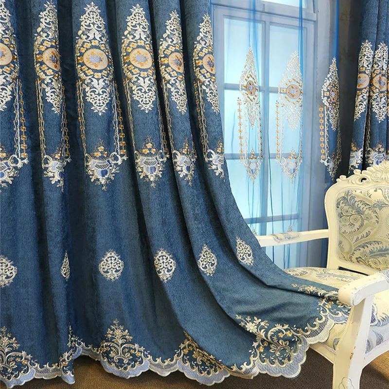 Royal European chenille Window Drapes for Villas Blue Luxury Embroidery Blackout Curtains Living Room Bedroom X-M209#30 | Дом и сад