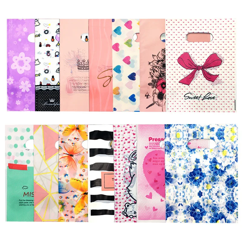 

Multi Style Plastic Handle Bag 50pcs 15*20cm Small Jewelry Packing Party Favor Bags For Candy Cookie Gift Box Packaging Pouches