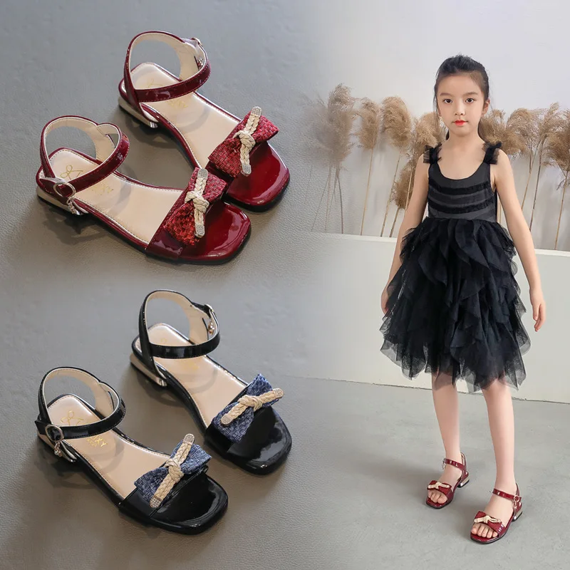 

children's beach leather sandals for girl dress elegant summer new princess fashion bow Wedges shoes for kids 2021 3-12 years
