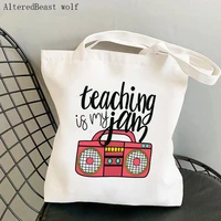 women shopper bag teaching is my jam printed kawaii bag harajuku shopping canvas shopper bag girl handbag tote shoulder lady bag