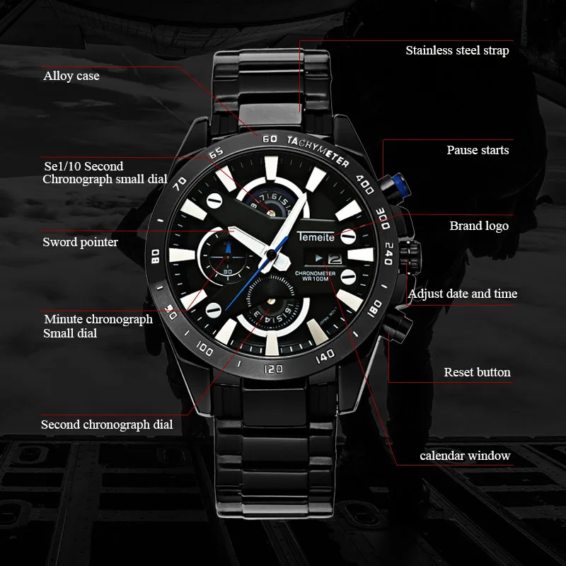 Мужские деловые часы Temeite 2018 водонепроницаемые Роскошные модные кварцевые