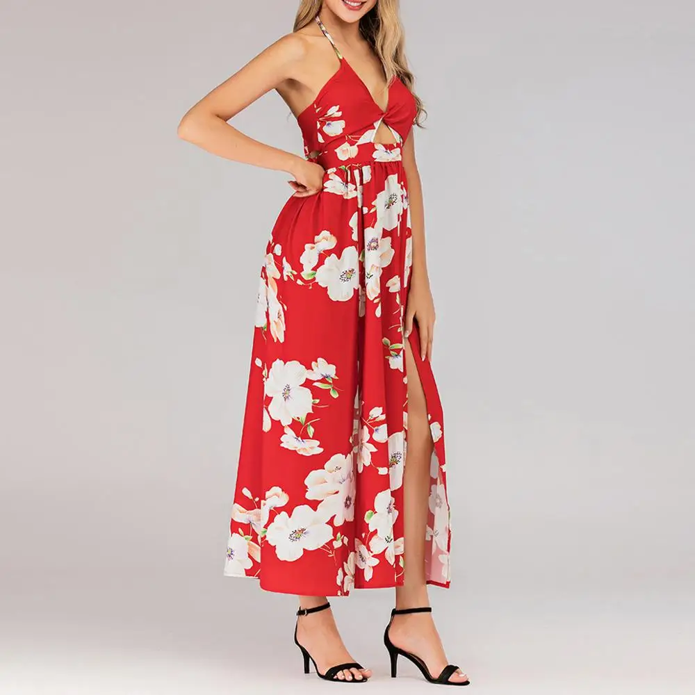 Летнее красное пляжное платье с принтом женское сексуальное длинное на