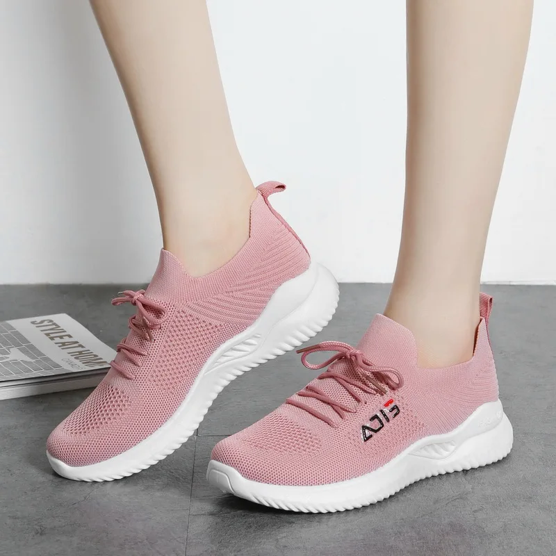 

2021 Women's Flying Weaving Student Running Shoes Women Girl Summer Spring Causal Pink Breathable Sneakers Without Heel