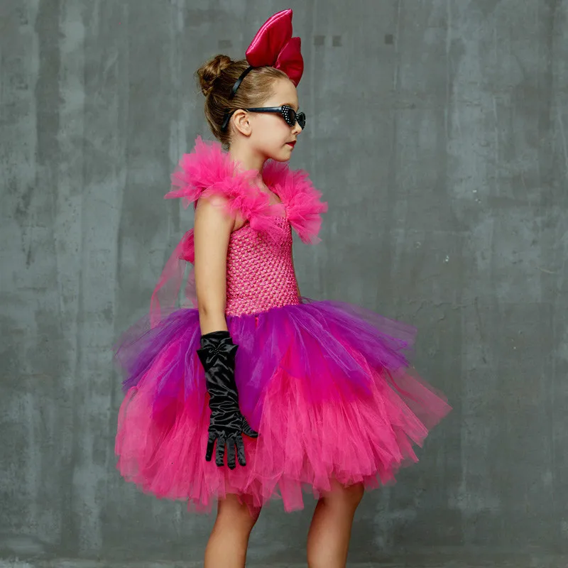 Яркое розовое и фиолетовое платье пачка с роскошными бантиками очками для