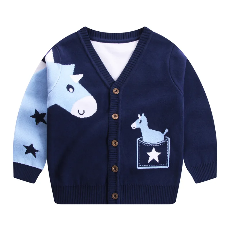 

Baby Kids Boys Coat 2021 Spring Autumn Warm Knit Coats with Cartoon Pattern V-neck Knitwear