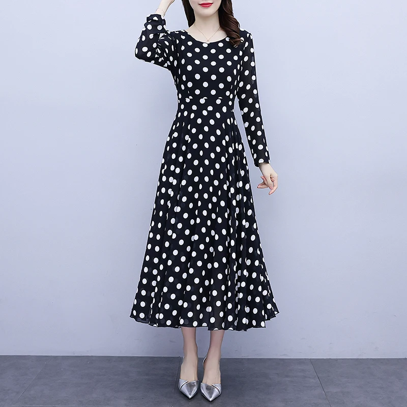 Женское платье-миди в горошек TingYiLi черное пляжное платье-трапеция с длинным