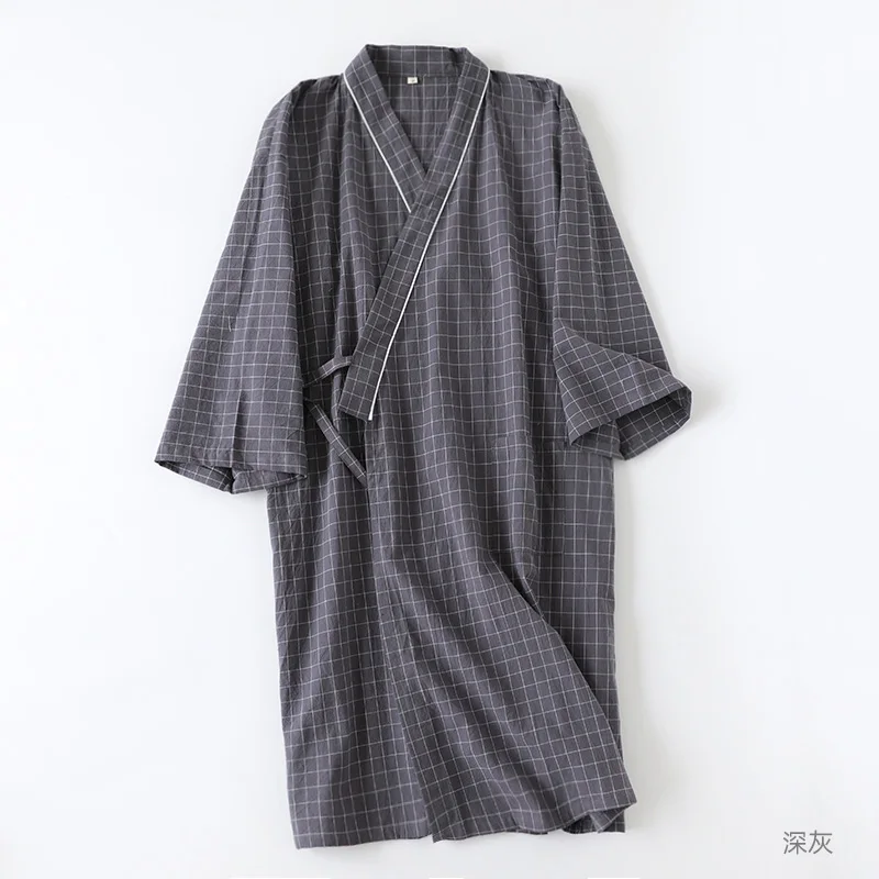 

Harajpee Men Pajamas 2021 Summer Japanese Simple Casual Temperament Loose Lapel Short Sleeve Vintage Plaid Home Wear Nightgown