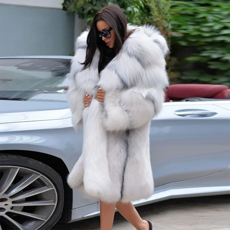 FURSARCAR 2021 New Real Natrual Cross Fox Fur Jacket With Hood Women Winter  Long Fur Coat Thick Fashion Luxurious
