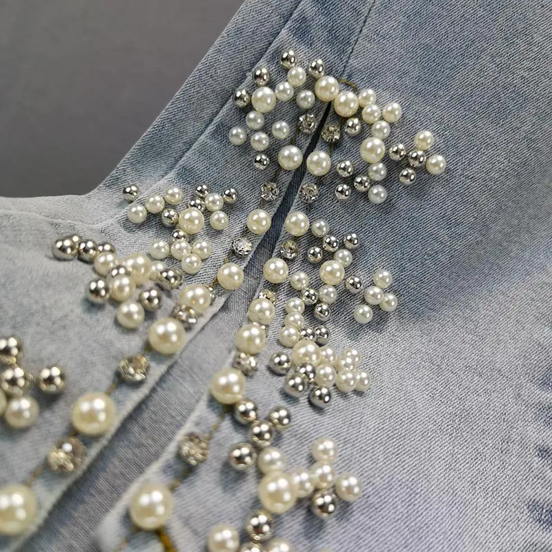 

2021 New Denim Flare Pants Full Lenth Fashion Lady Slit Leg Pearls Beading High Waist Trousers Spring Stretchy Slim Women Jeans