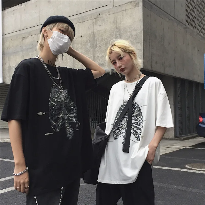 

Готическая Футболка Harajuku для мужчин и женщин, уличная одежда Ulzzang, Корейская футболка, топ, хип-хоп, готический ужас, скелет, одежда 2020