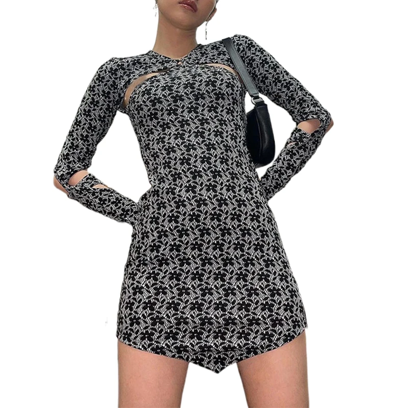 

Женское платье с длинным рукавом, приталенное весеннее платье с цветочным принтом и вырезами