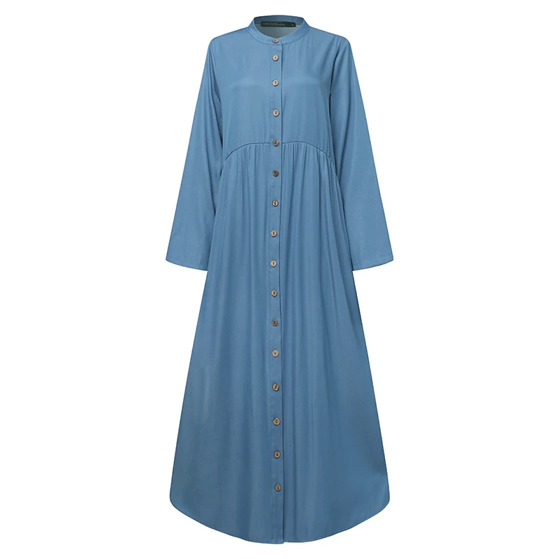 Autumn Denim Blue Maxi Long Sundress ZANZEA Fashion Women Muslim Hijab Dress Vintage Sleeve Dubai Abaya Turkey Dresses | Женская одежда