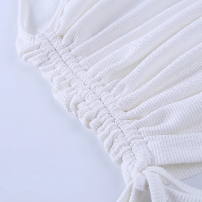 

WannaThis One Shoulder Side Drawstring Tank Top Backless Irregular White Slim Crop Top Women Knitted Bandage Summer Vest Ruched